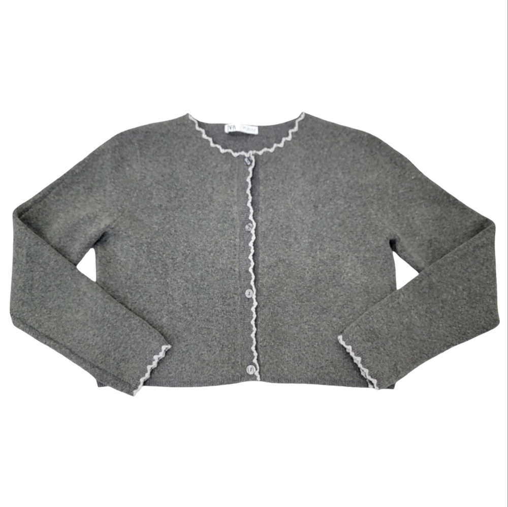 Zara Scalloped Trim Knit Cropped Cardigan Preppy Cozy Neutral Ballet-core Large - Picture 3 of 17
